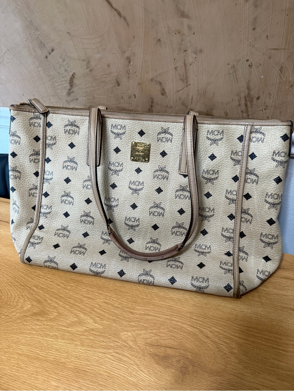 MCM Visetos Cream Monogram Large Tote Bag Gold Hardware